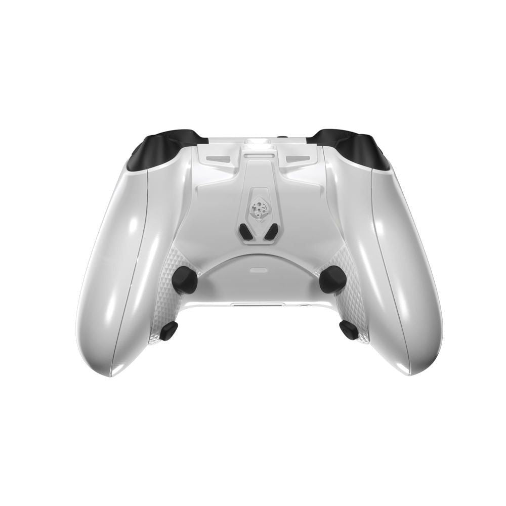 White Xbox controller strike pack with two black top buttons and side grip texture