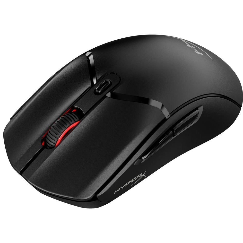 Wireless gaming mouse, black angled view with red LED accent inside cutout