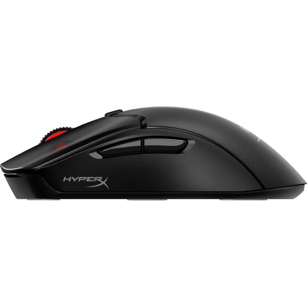 Wireless gaming mouse, black top view with curved shell and red accent strip