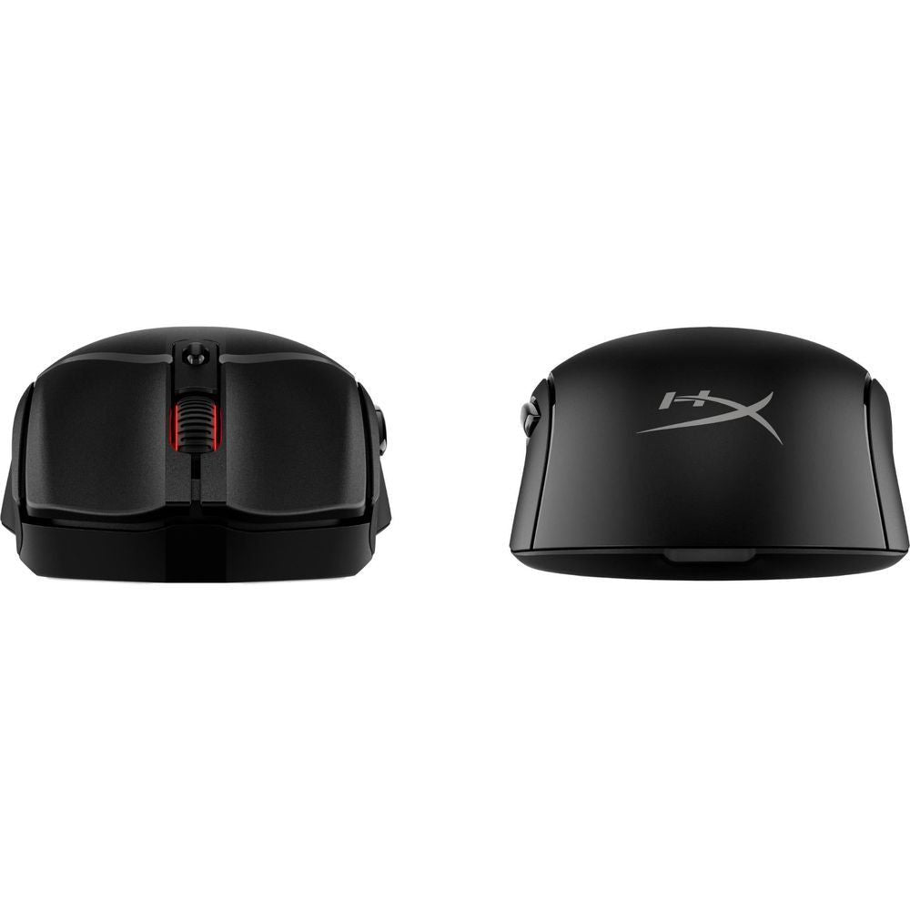Wireless gaming mouse, black front and rear views with LED strip