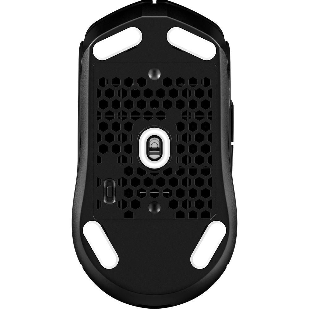 Wireless gaming mouse underside, black with honeycomb vents and four glide feet
