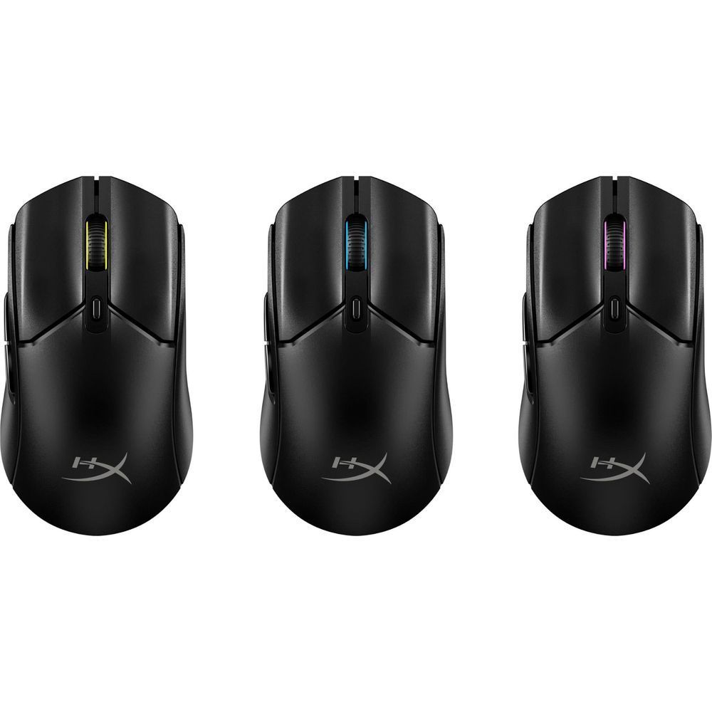 Wireless gaming mouse, black with multi-color LED light options shown (3 views)