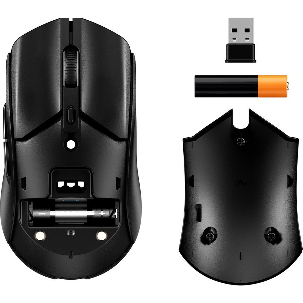 Wireless gaming mouse with open underside and included USB receiver and charging parts