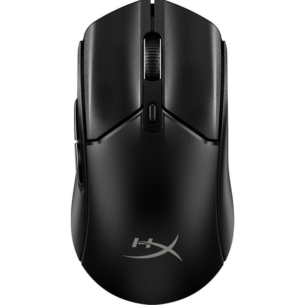 Wireless gaming mouse, black front view with glowing red center LED