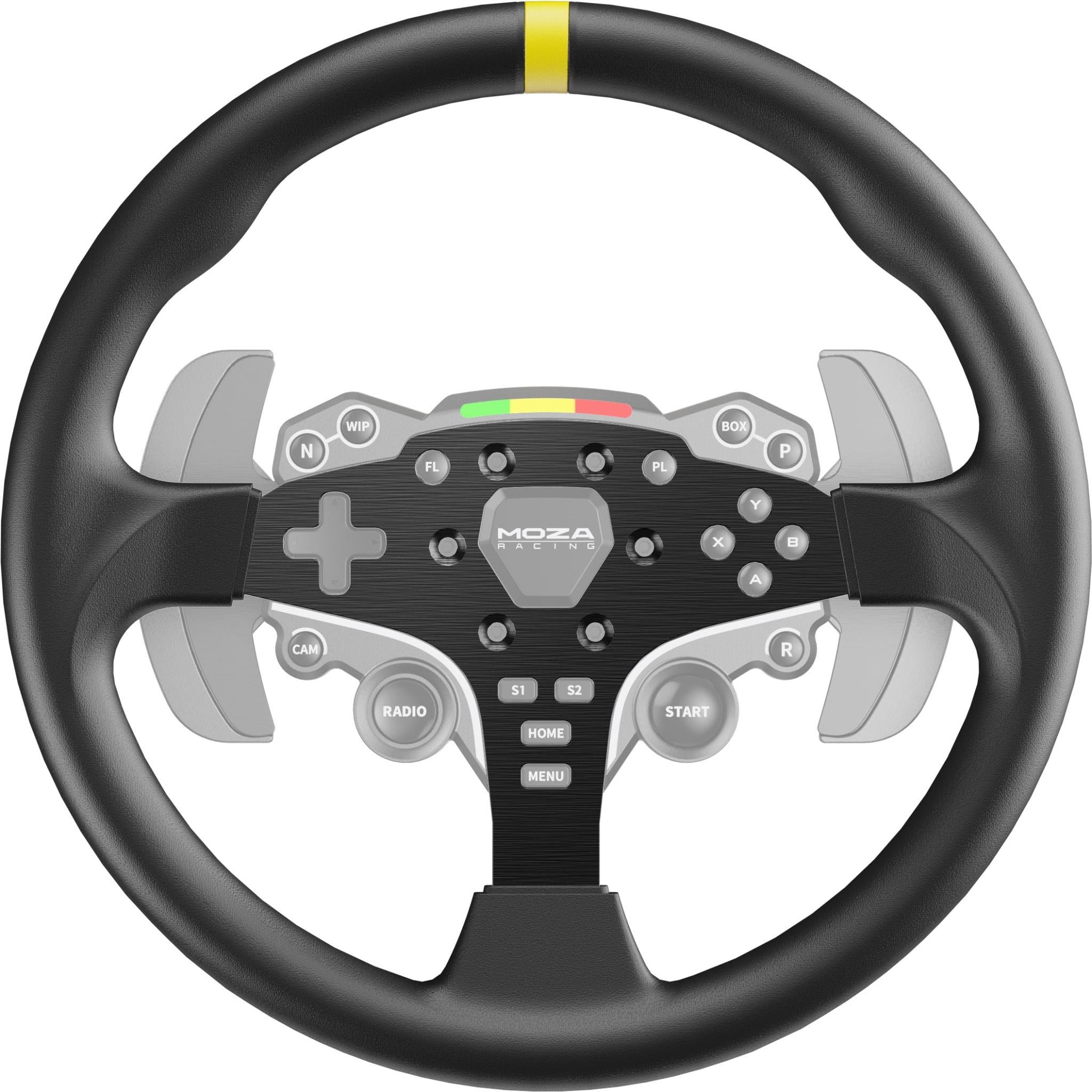 Black 12-inch round steering wheel rim with MOZA button panel and yellow accent stripe