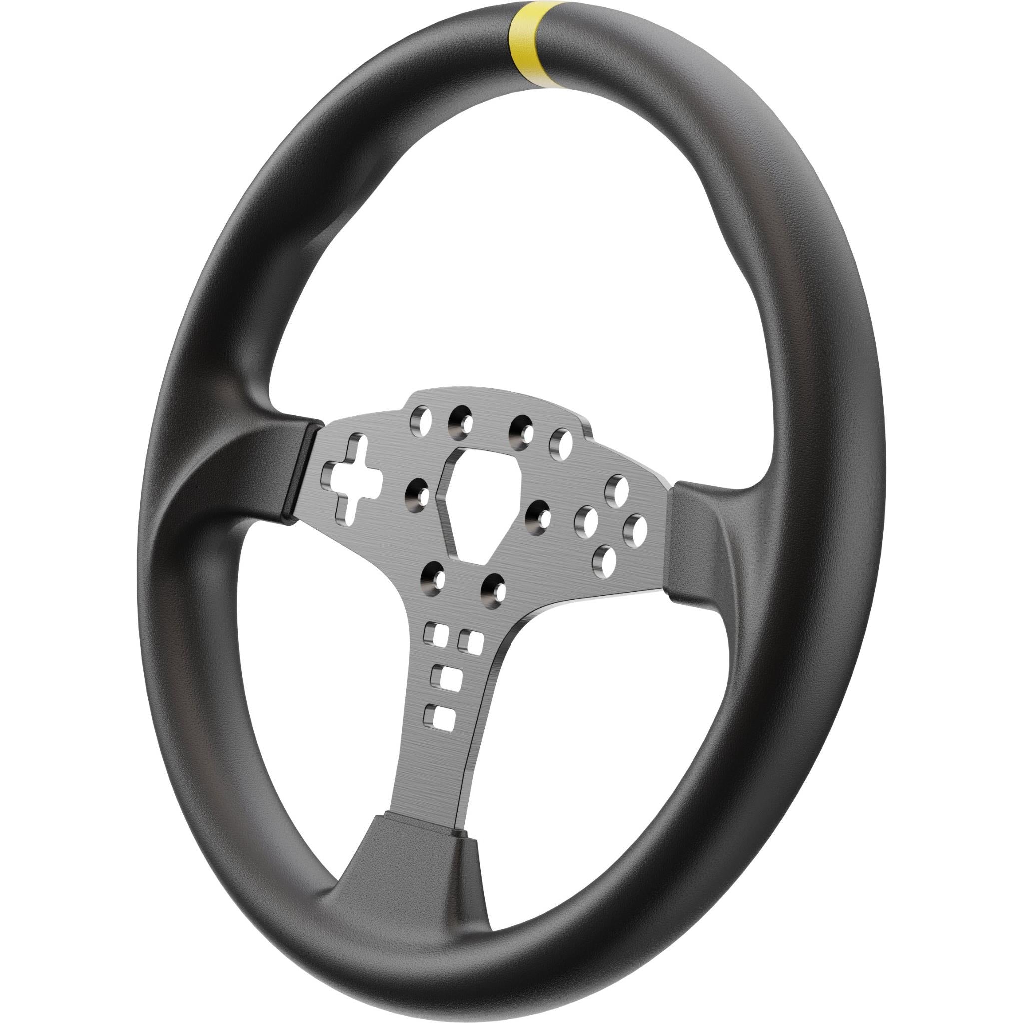 Black round steering wheel rim with exposed metal mount plate and yellow top stripe