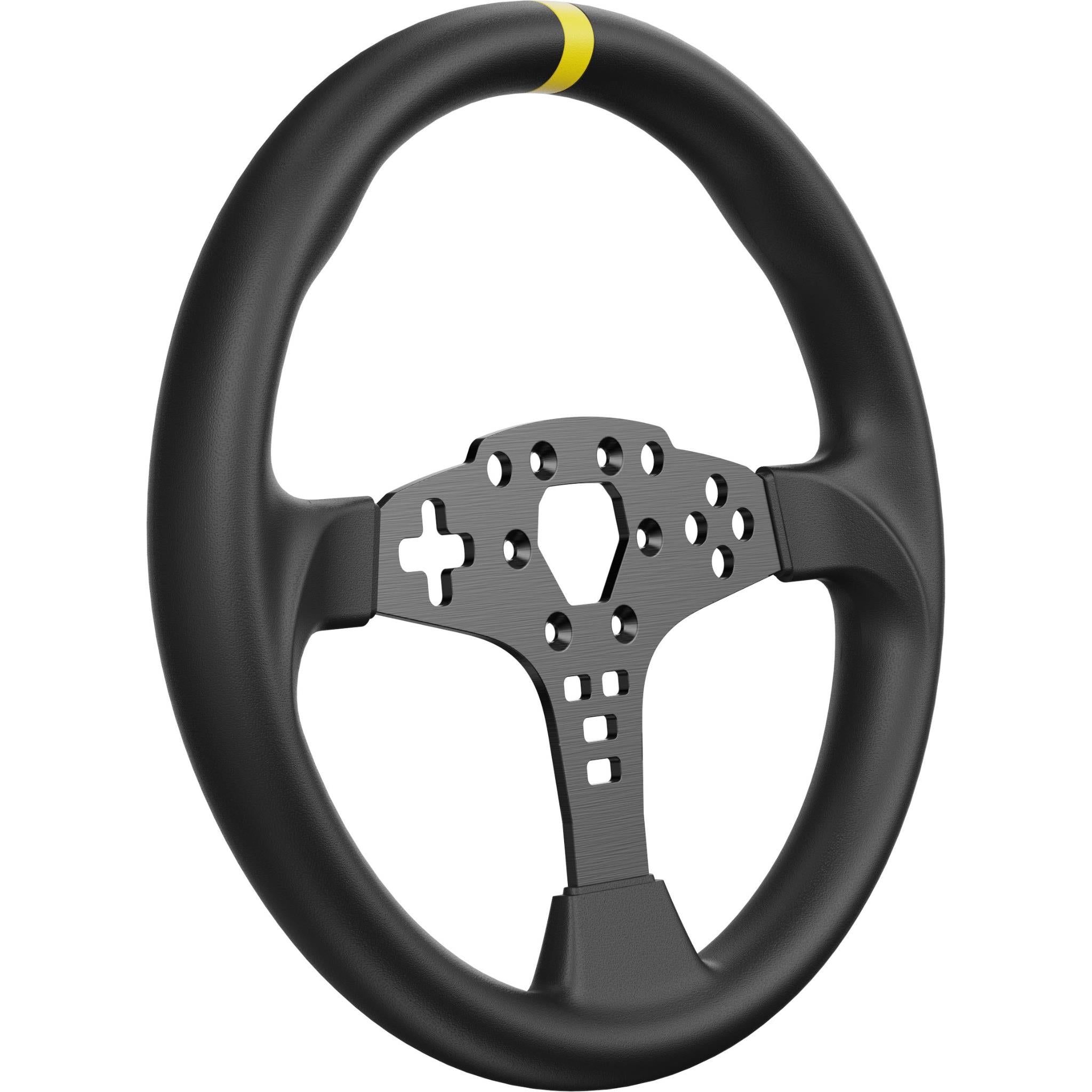 Black round steering wheel rim with exposed metal button plate and yellow top stripe