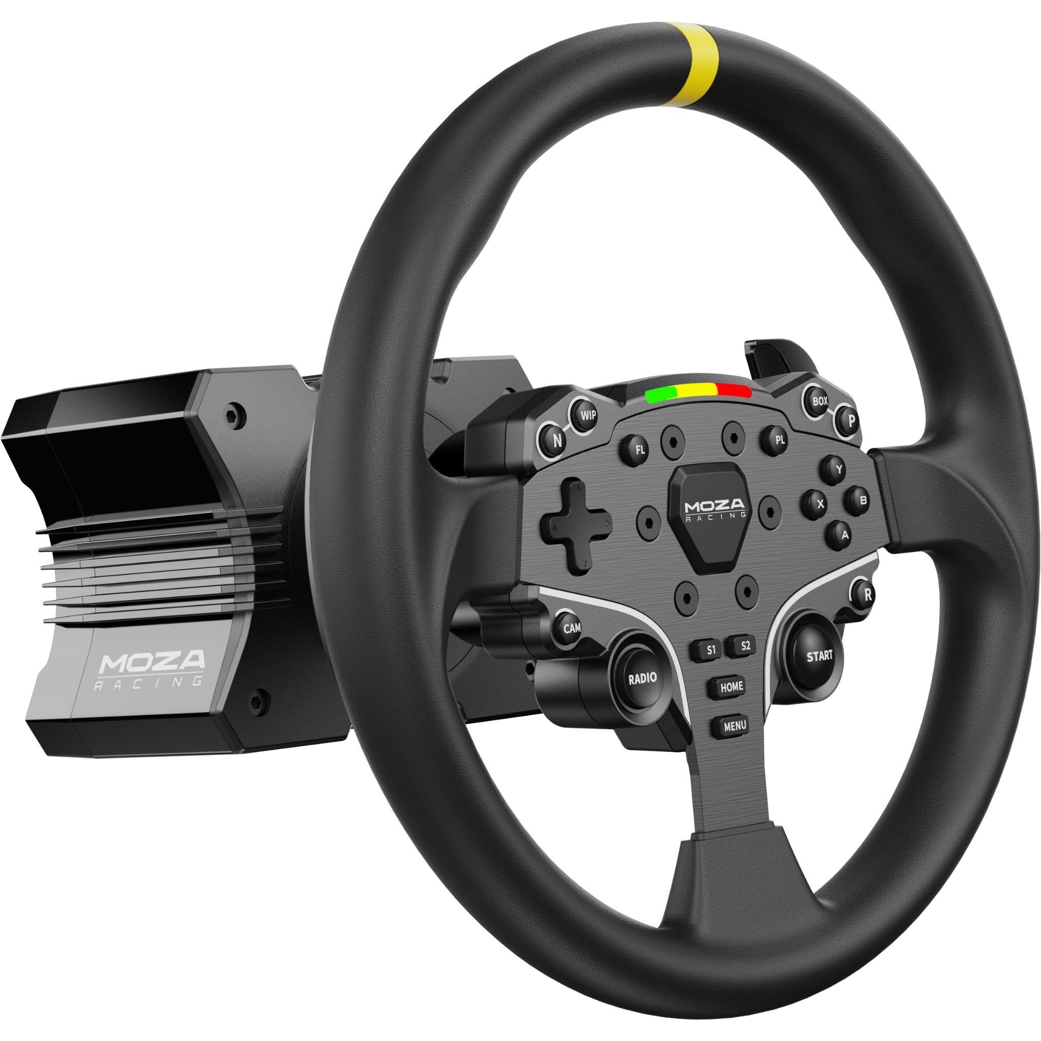 Black steering wheel with MOZA control hub, side paddle module, and yellow accent stripe