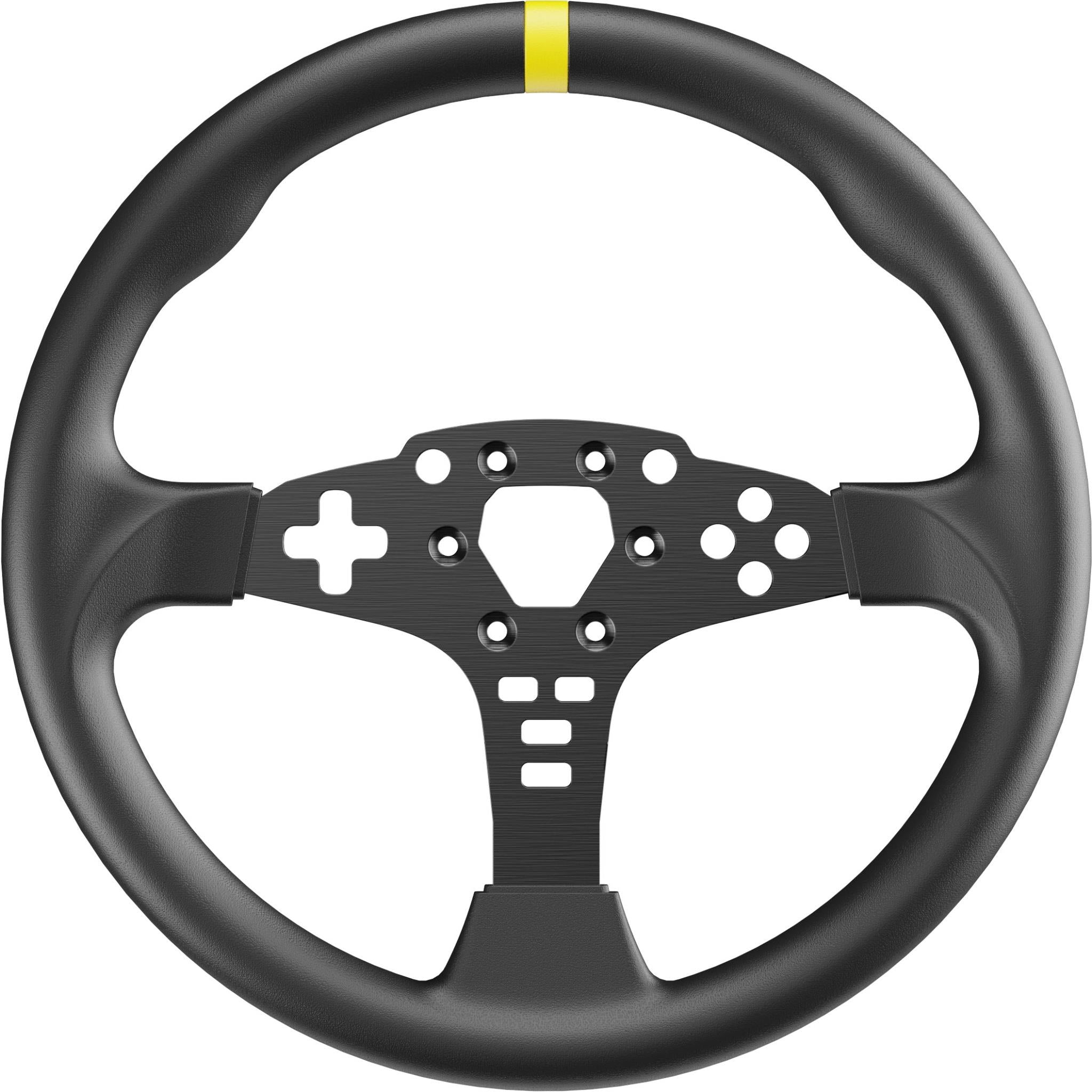 Black steering wheel rim with MOZA button panel and yellow center top stripe