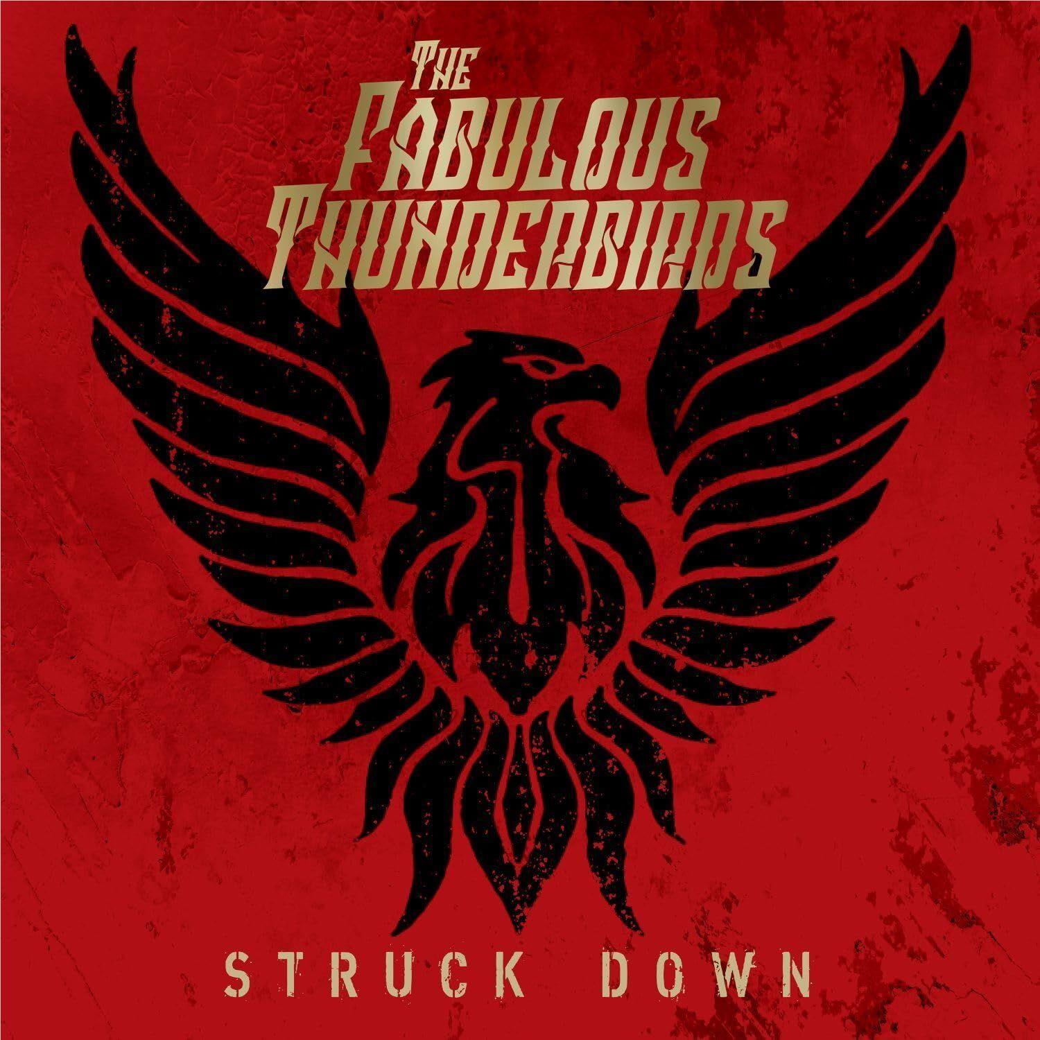 Red graphic tee with black bird emblem and band title text