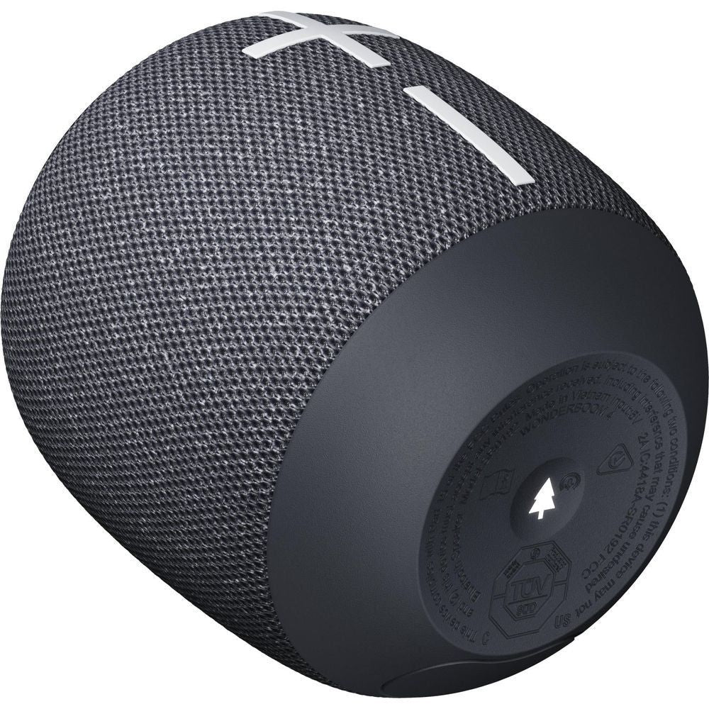 Black portable Bluetooth speaker with textured mesh body and rounded end cap