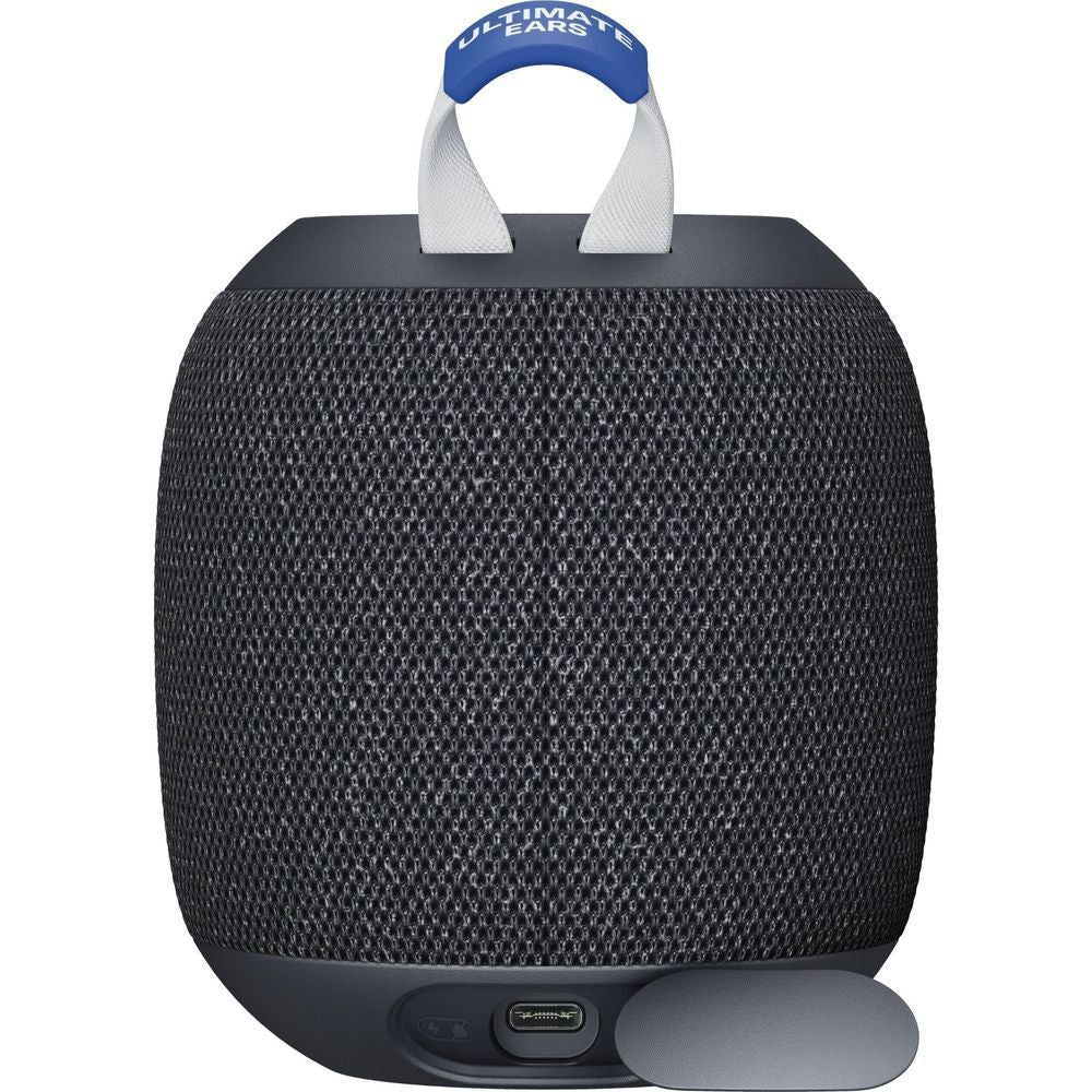 Black portable Bluetooth speaker with blue handle and front control panel