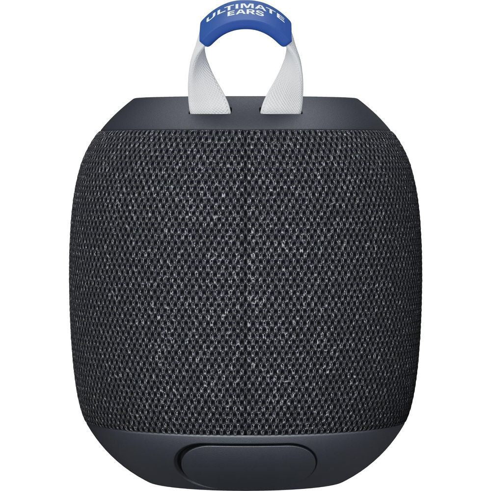 Black portable Bluetooth speaker with blue handle and textured speaker grille