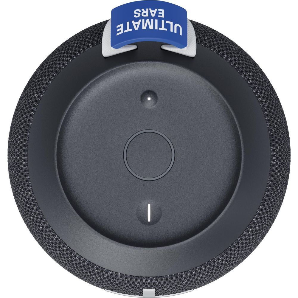Black portable Bluetooth speaker rear view with blue handle and power button