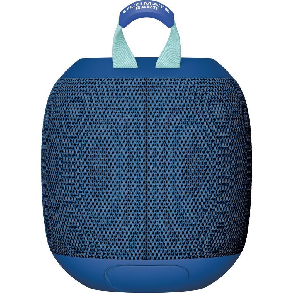 Cobalt blue portable Bluetooth speaker with carry handle and textured fabric grille