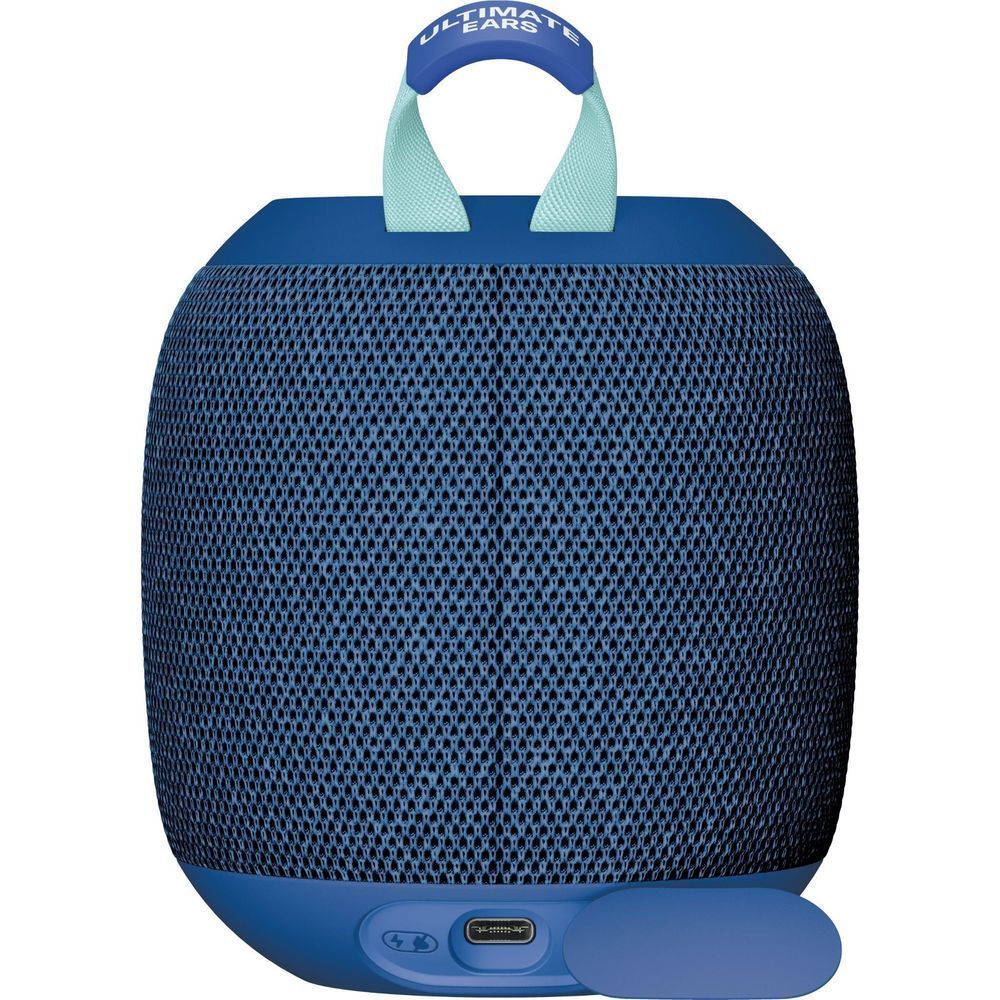 Cobalt blue portable Bluetooth speaker with carry handle and side control panel