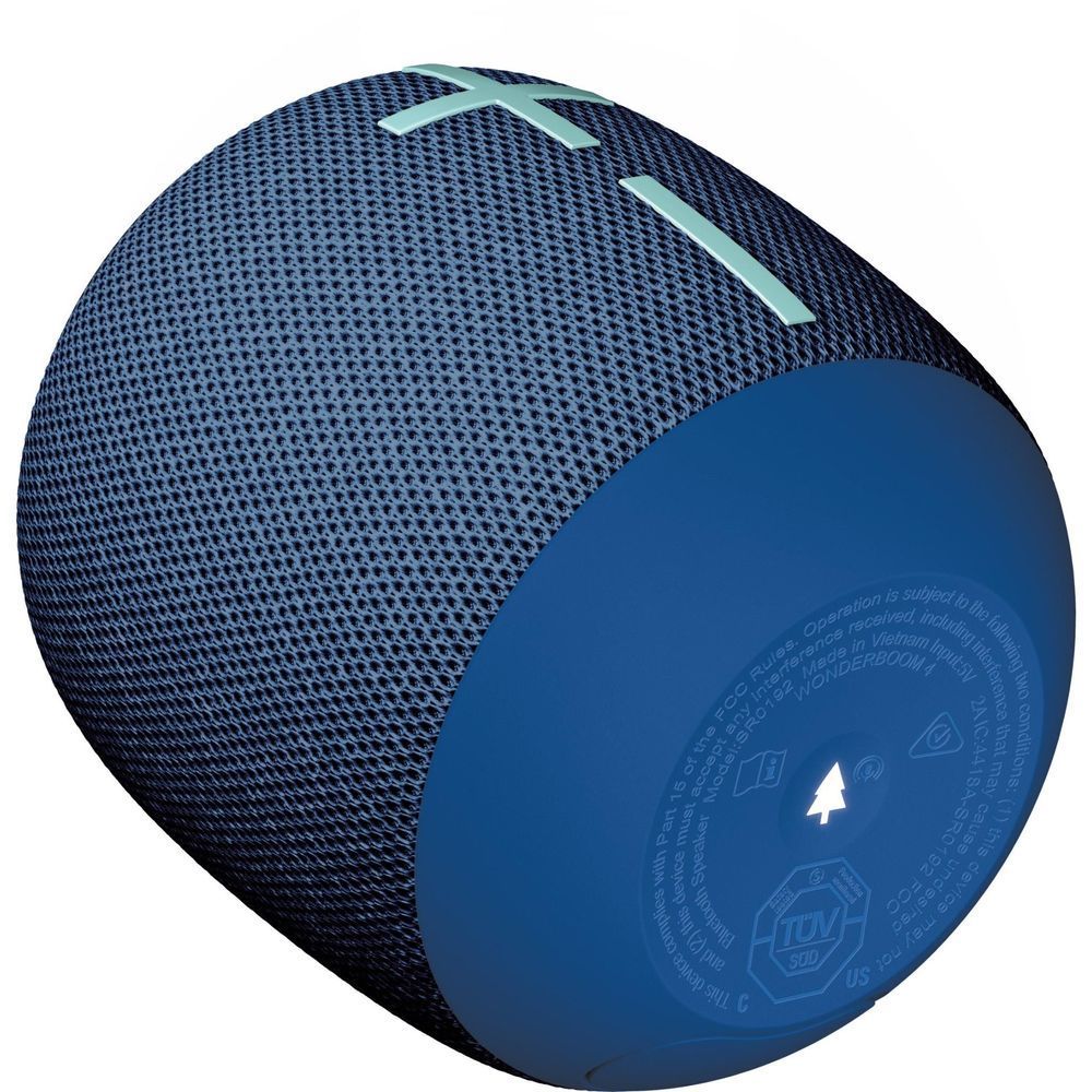Cobalt blue portable Bluetooth speaker with fabric mesh side and end-cap logo markings