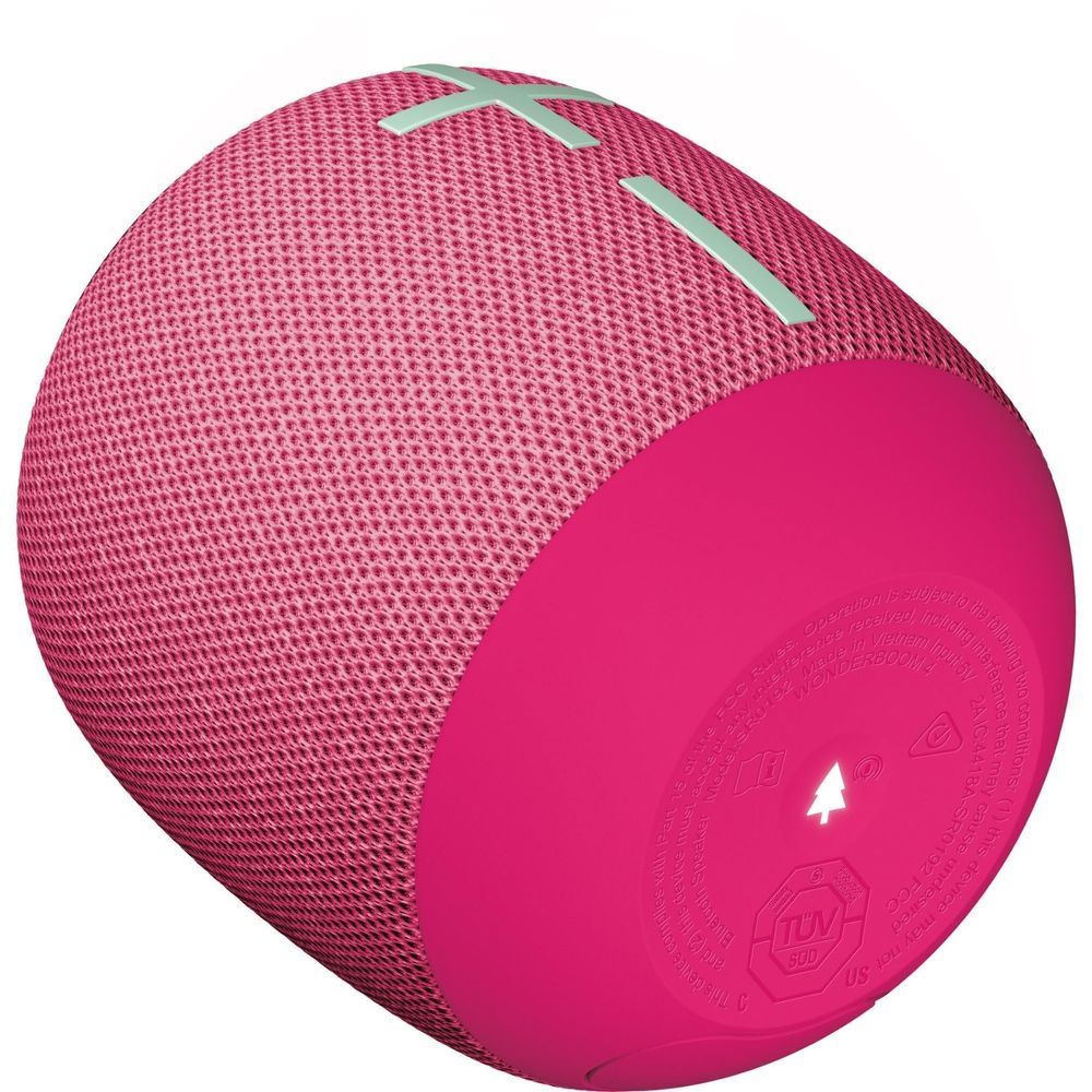Hyper Pink portable Bluetooth speaker close-up side view with teal plus details