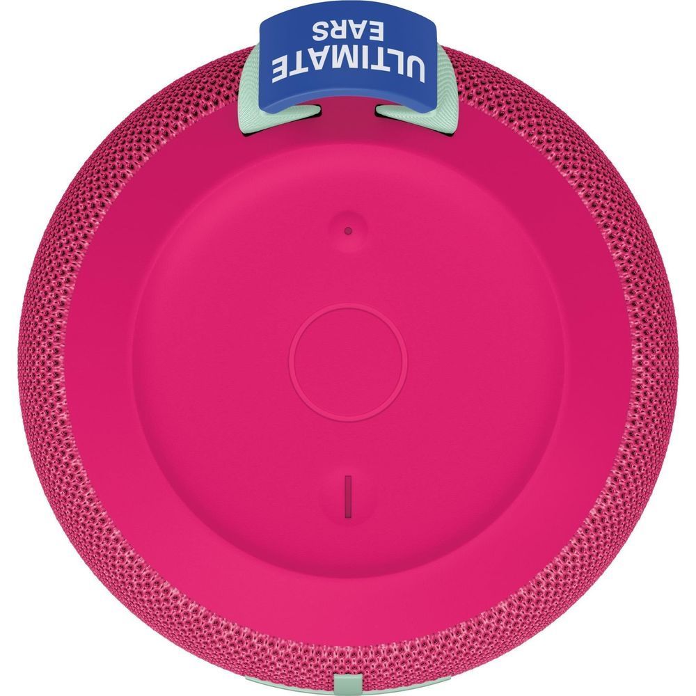 Hyper Pink portable Bluetooth speaker bottom view with plus symbols and regulatory marks