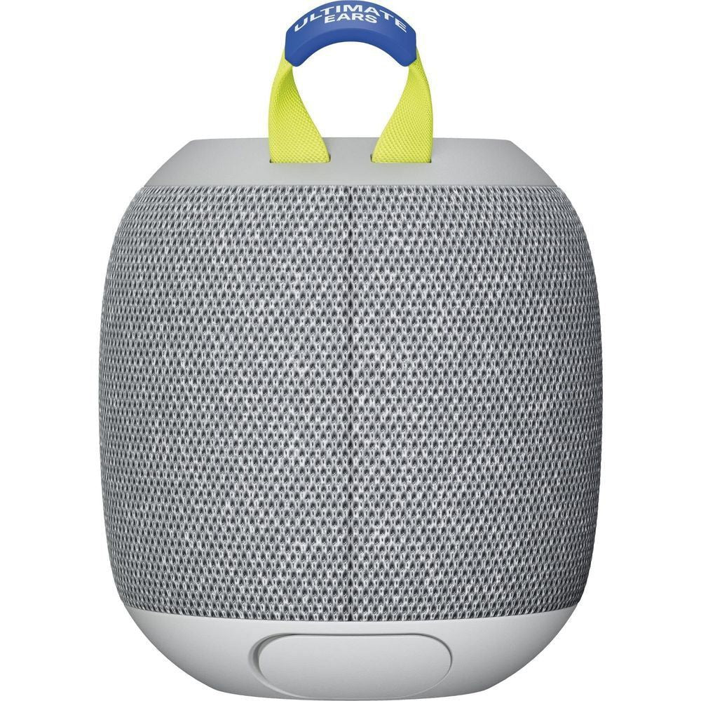 Gray fabric portable Bluetooth speaker front with lime-and-blue top handle and yellow plus