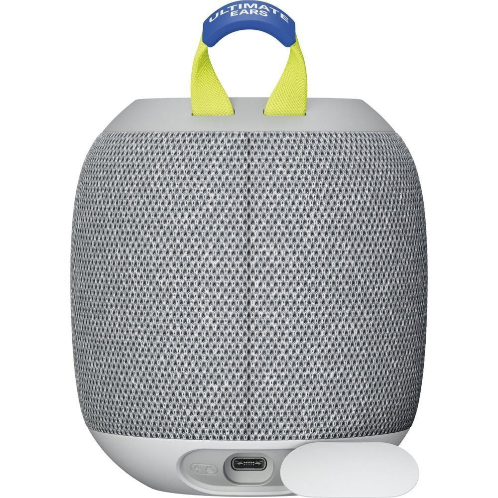 Gray fabric portable Bluetooth speaker front with control panel and lime strap handle