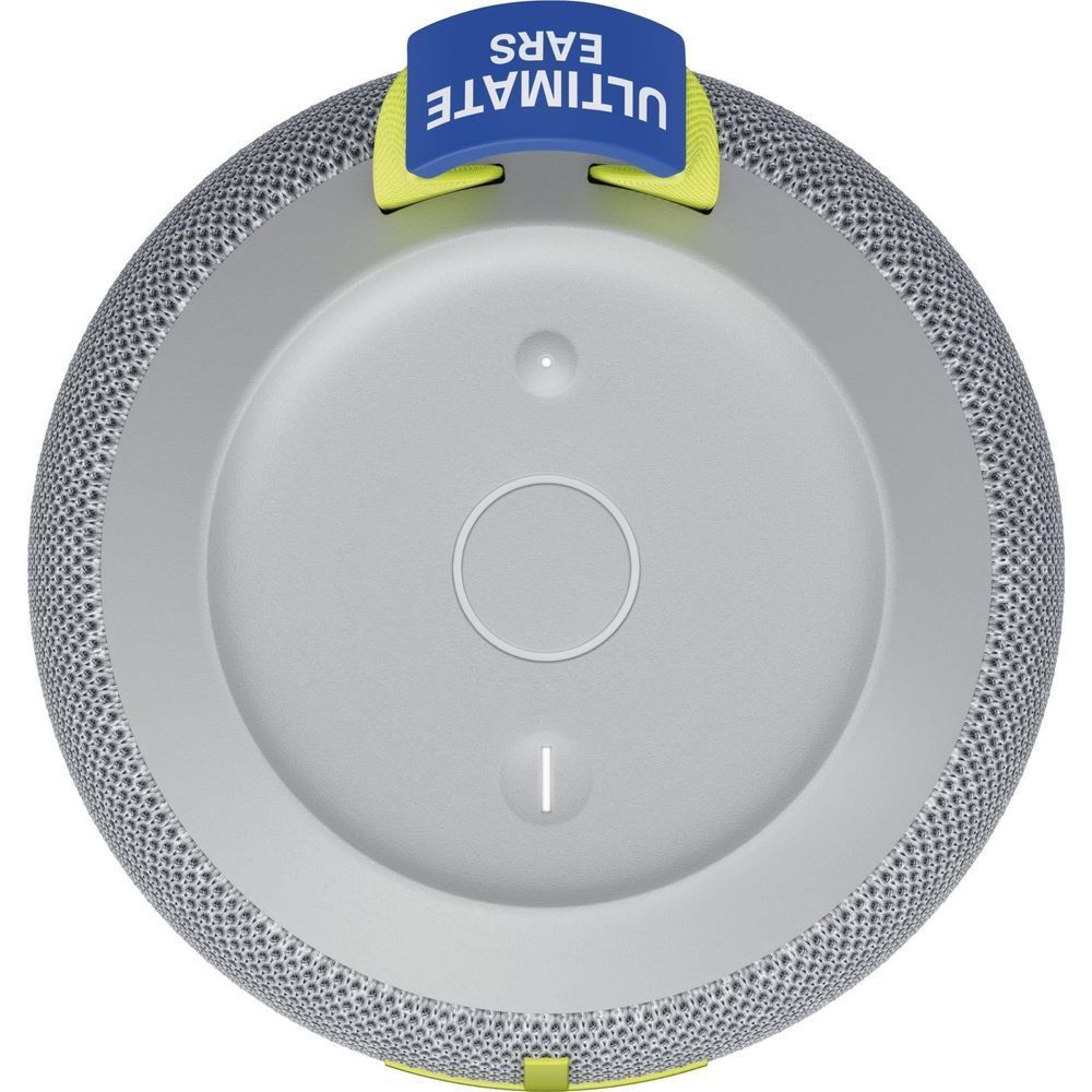 Bottom of gray fabric portable Bluetooth speaker with lime strap and control details