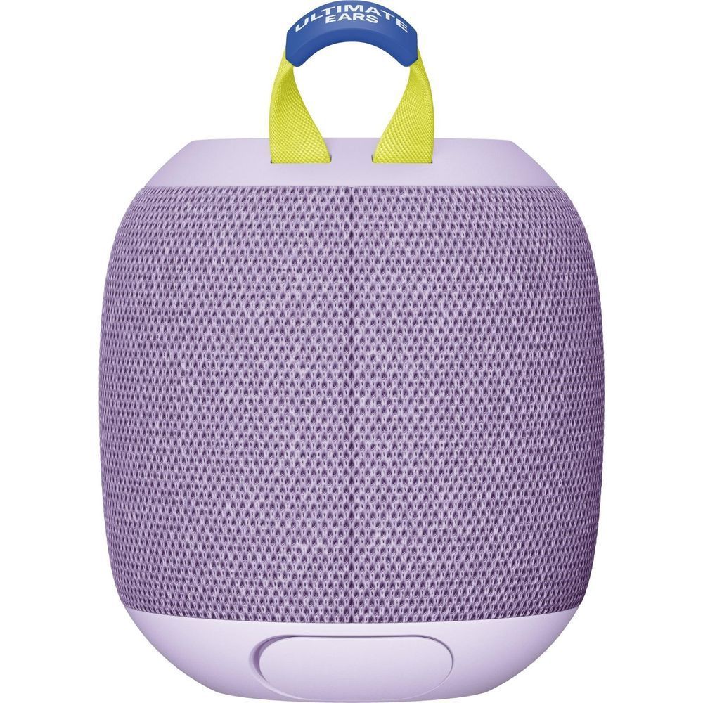 Lilac portable Bluetooth speaker with lime handle strap and blue top cap, front top view