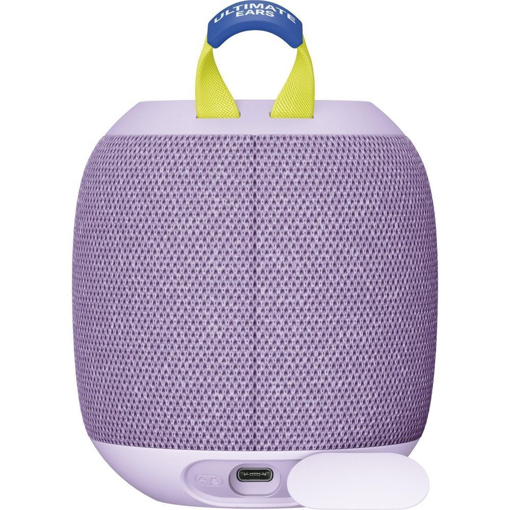 Lilac portable Bluetooth speaker with lime handle, front control panel and base cover