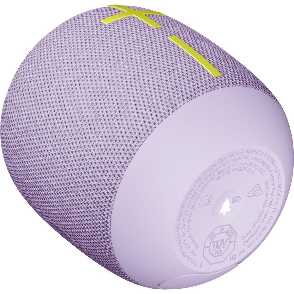 Lilac portable Bluetooth speaker with lime accents, angled close-up of rear end