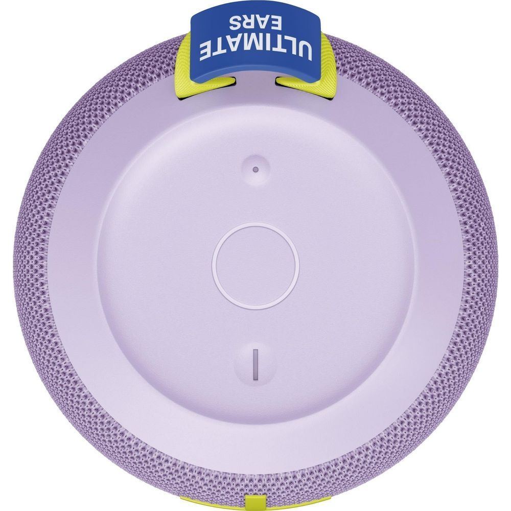 Lilac portable Bluetooth speaker bottom with circular button and lime loop handle, underside view