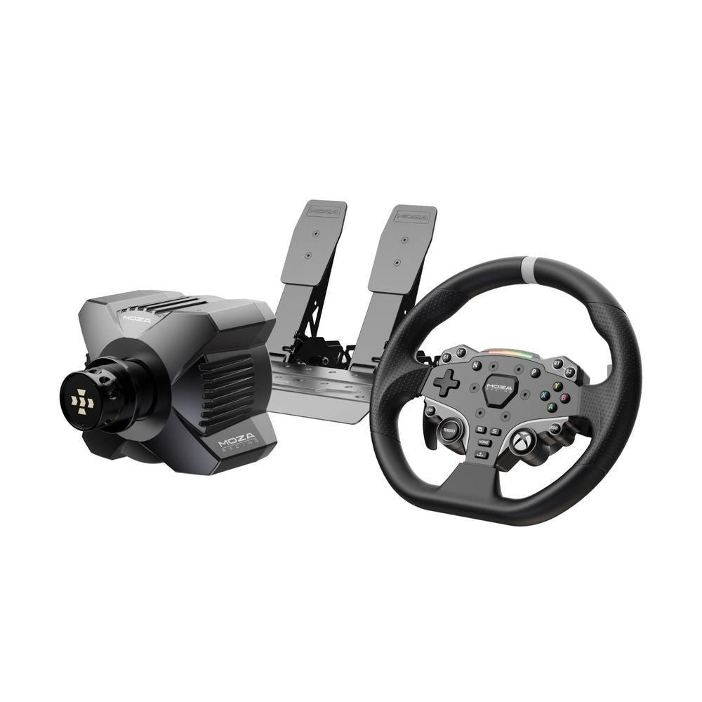 Moza Racing R3 direct drive racing wheel, wheel base, and pedals in one setup
