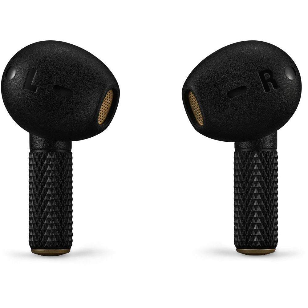 Black true wireless in-ear Bluetooth earbuds with L/R markings and speaker mesh vents