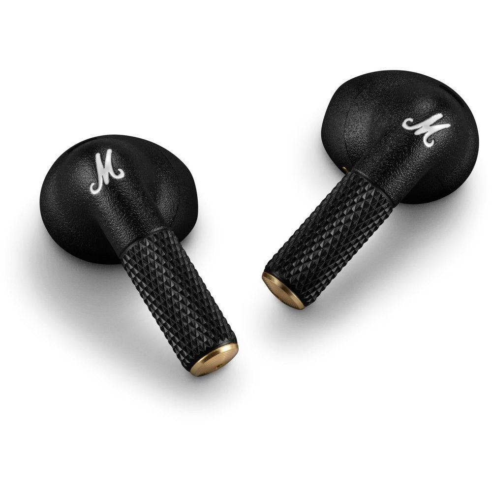Black true wireless in-ear Bluetooth earbuds with textured stems and gold-tipped ends