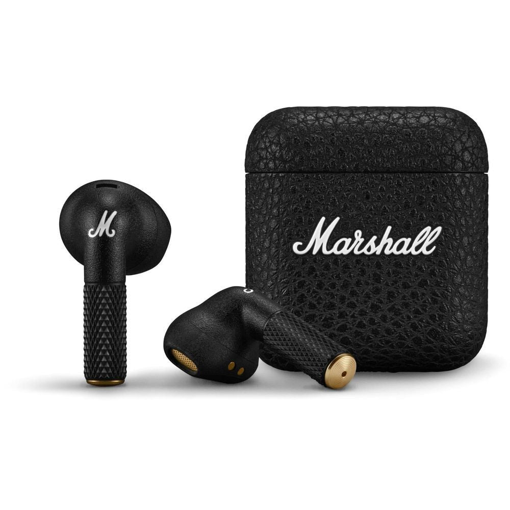 Black true wireless in-ear Bluetooth earbuds with charging case and Marshall logo