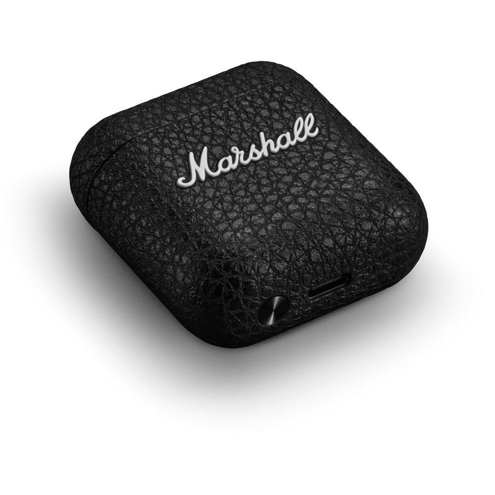 Black charging case for true wireless earbuds with Marshall logo and side button