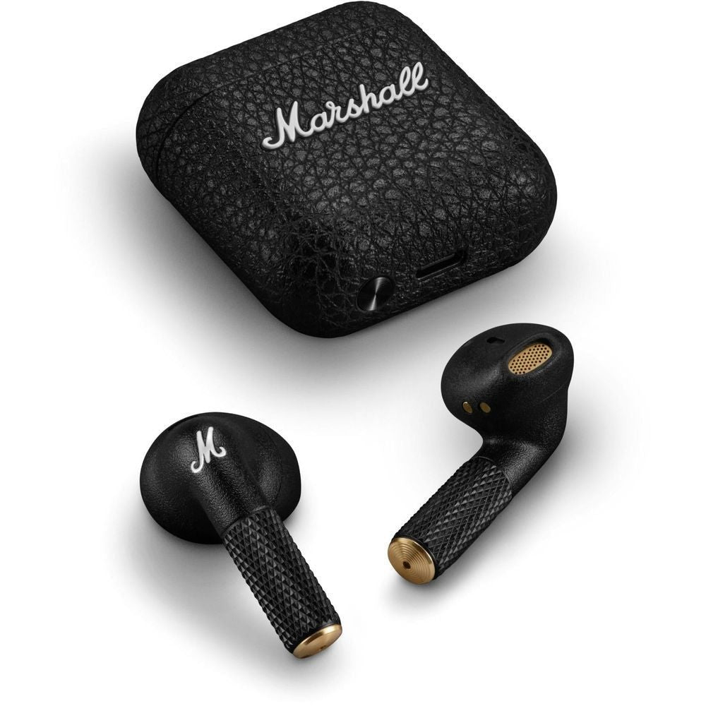 Black charging case with Marshall logo and two black earbuds with mesh speaker openings