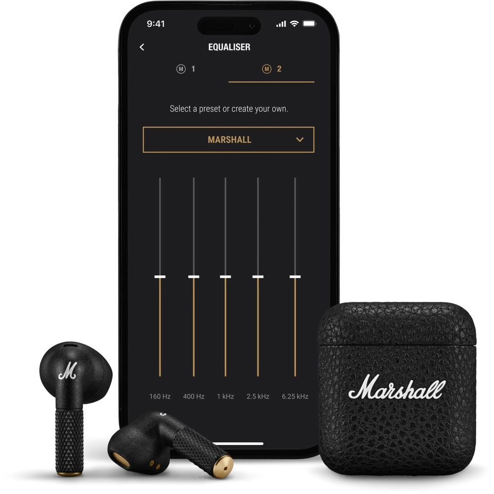 Black charging case and black true wireless earbuds, shown with phone audio equalizer behind