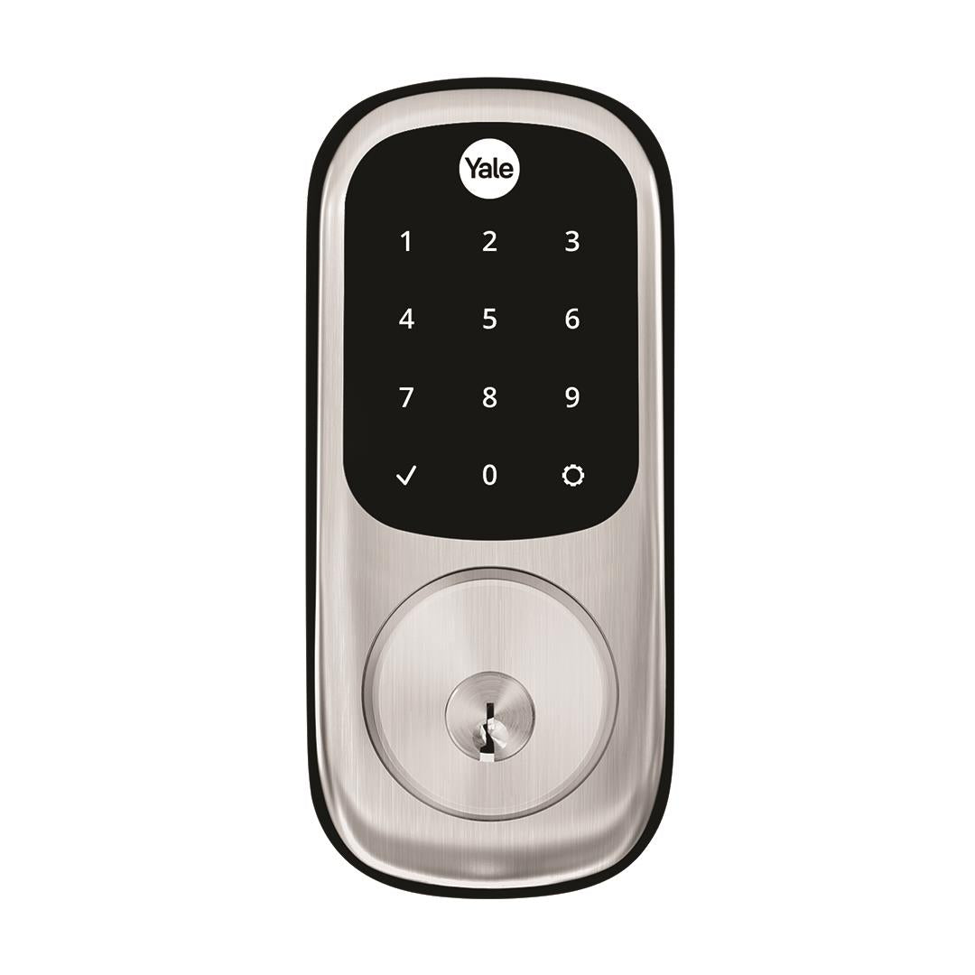 Satin nickel keyed digital door deadbolt lock with keypad and key cylinder