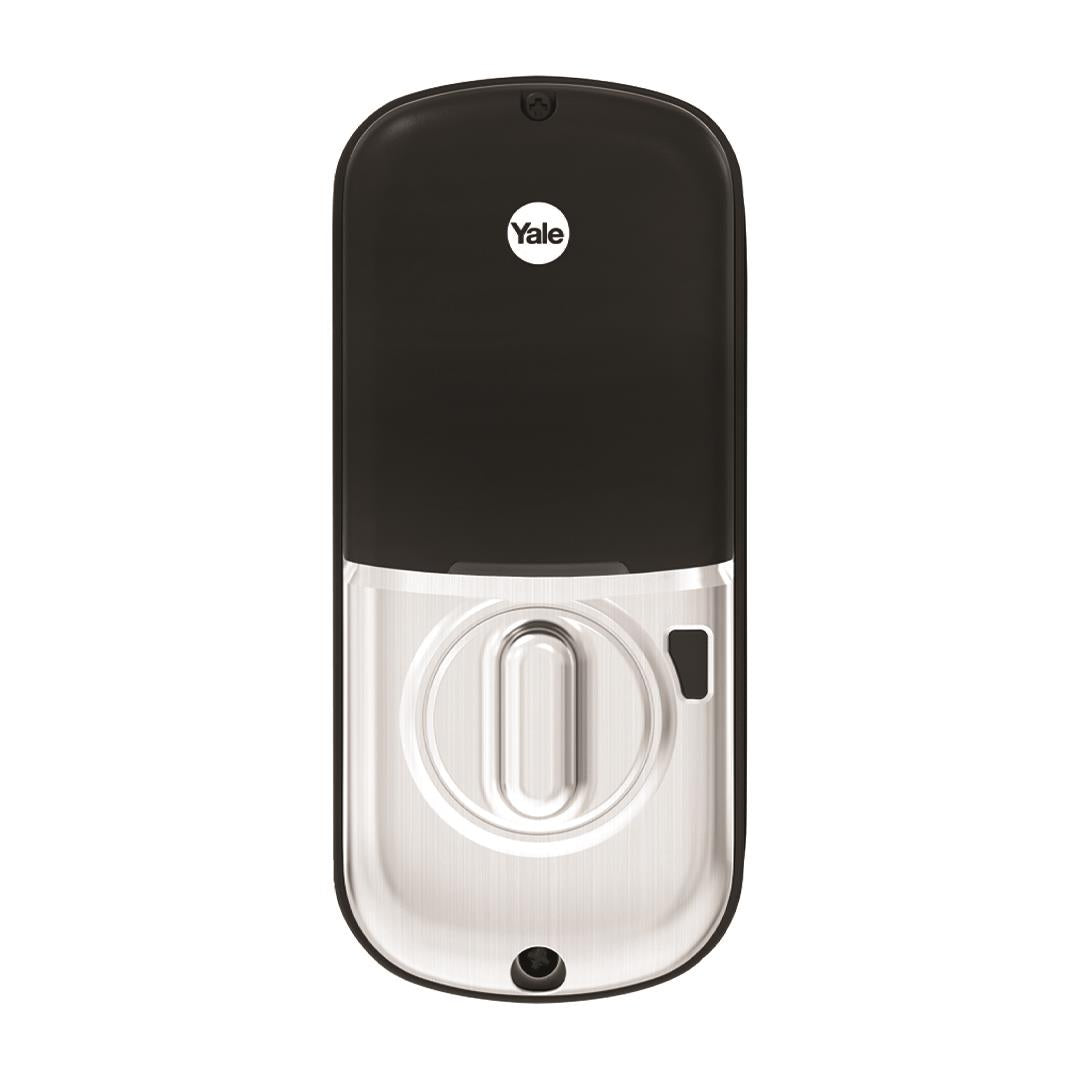 Satin nickel keyed digital door deadbolt lock with black keypad face