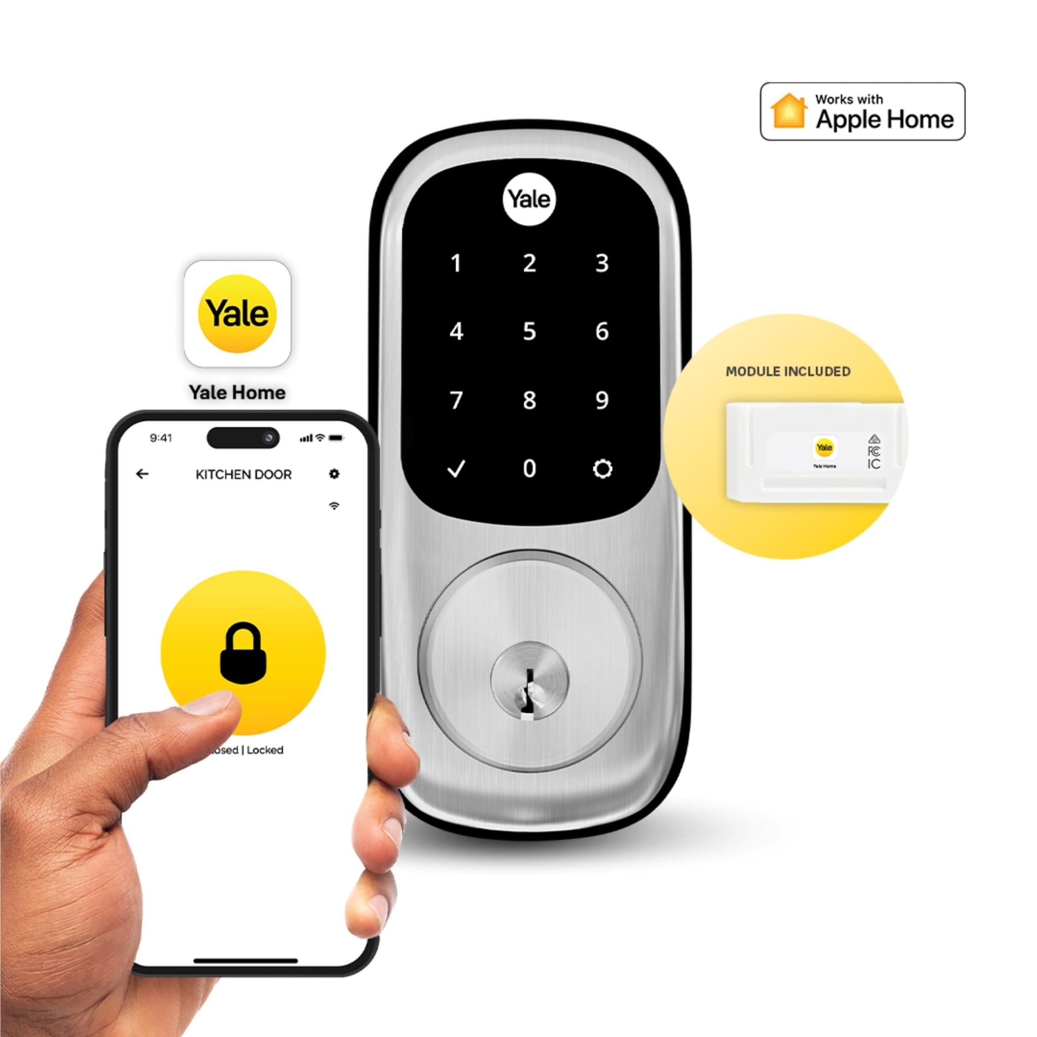 Satin nickel keyed digital deadbolt lock shown with Yale Home app control
