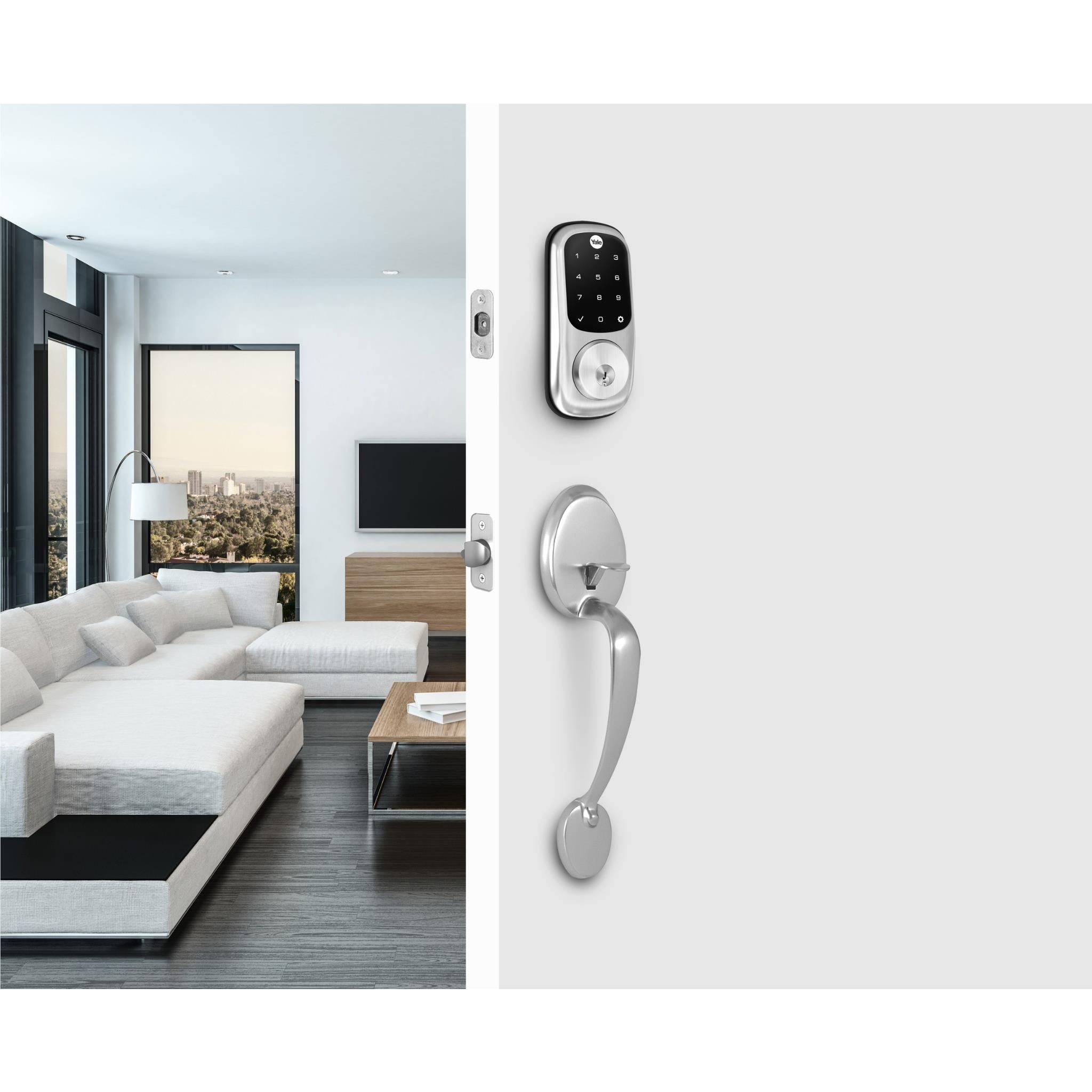 Mounted satin nickel keyed digital deadbolt lock with keypad and exterior lever
