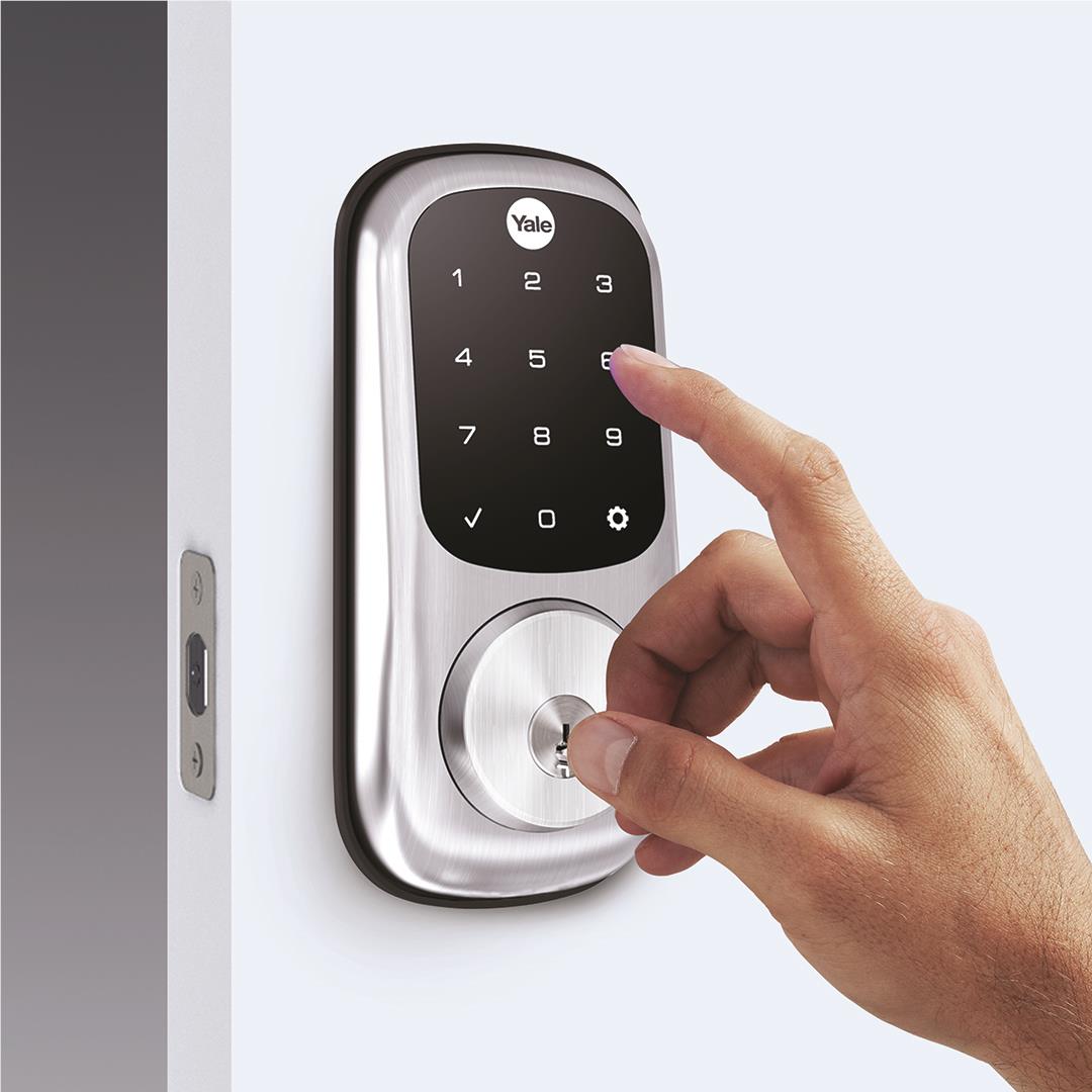 Satin nickel keyed digital deadbolt lock with keypad numbers and key cylinder