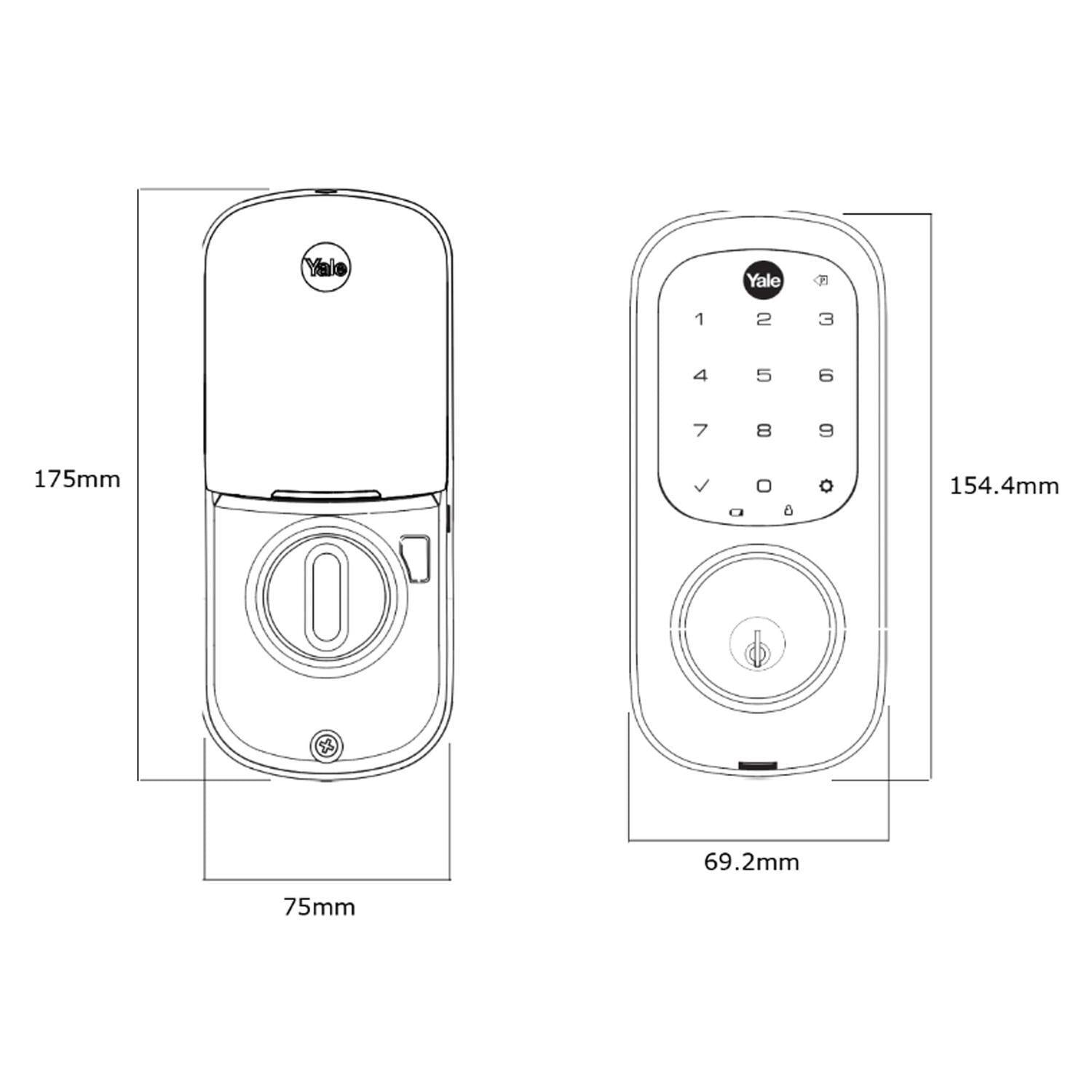Digital deadbolt lock size diagram: 175mm height, 75mm width, 69.2mm depth