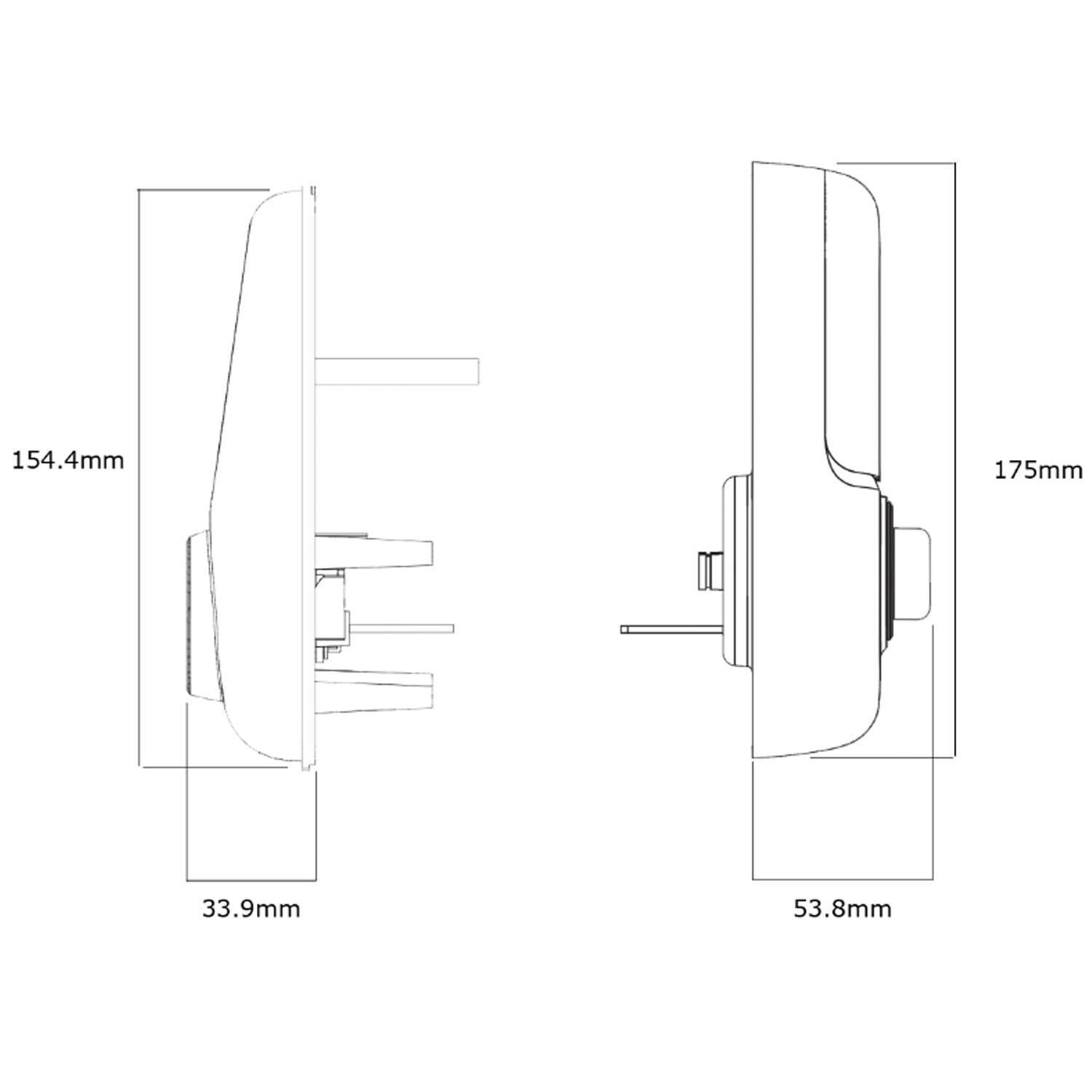 Digital deadbolt lock side-view dimensions: 175mm height, 53.8mm thickness
