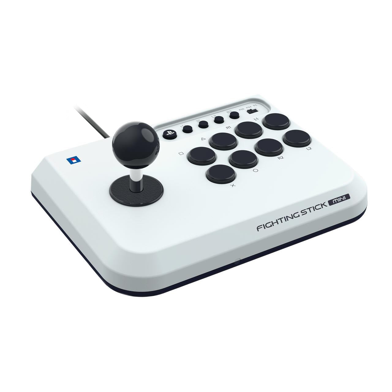 Mini arcade fight stick with black joystick and white button panel