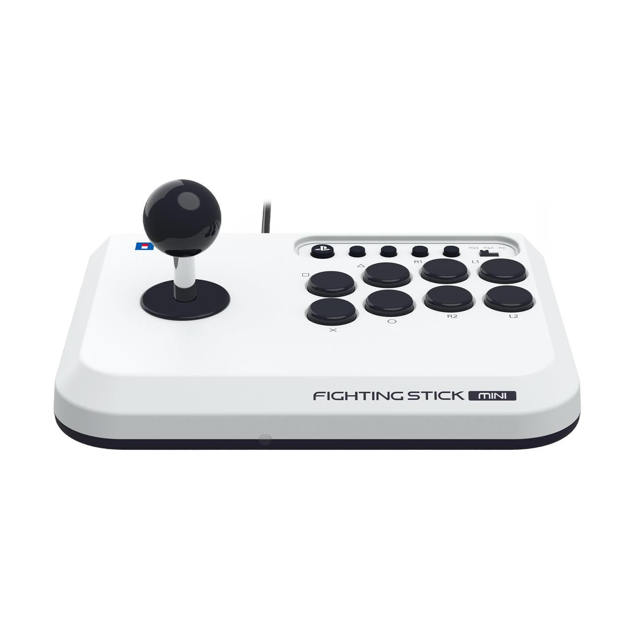 Mini arcade fight stick with black joystick and white button array, front view