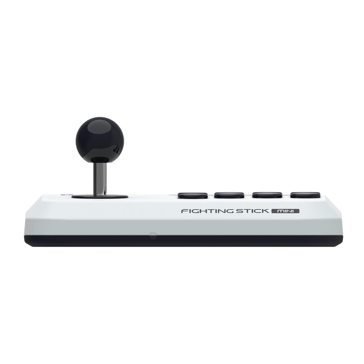 Mini arcade fight stick side view with black joystick and dark control buttons