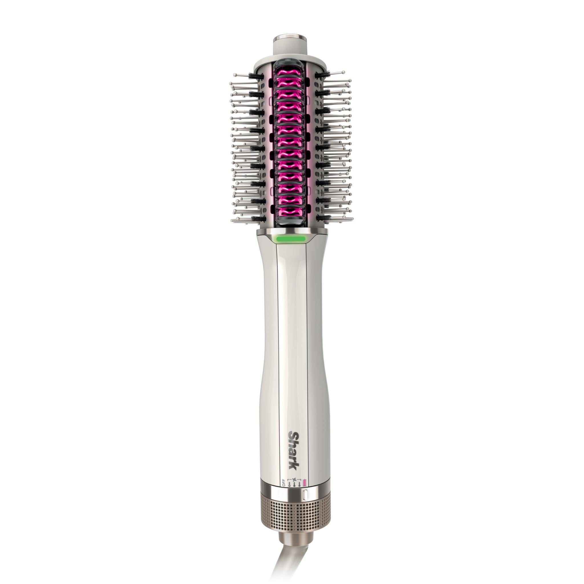 White heated comb straightener with pink heat rows and metal bristles