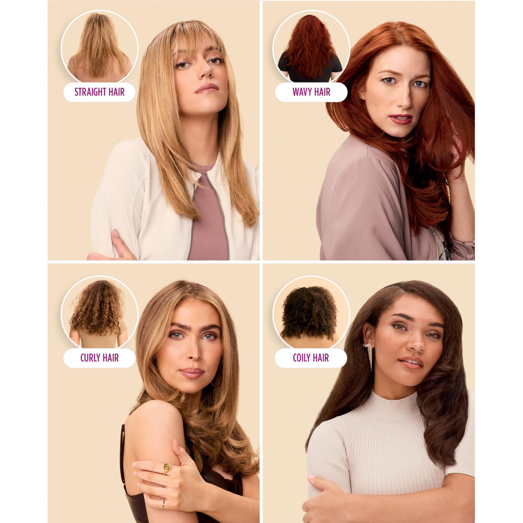 Heated comb straightener shown with four hair styling result panels