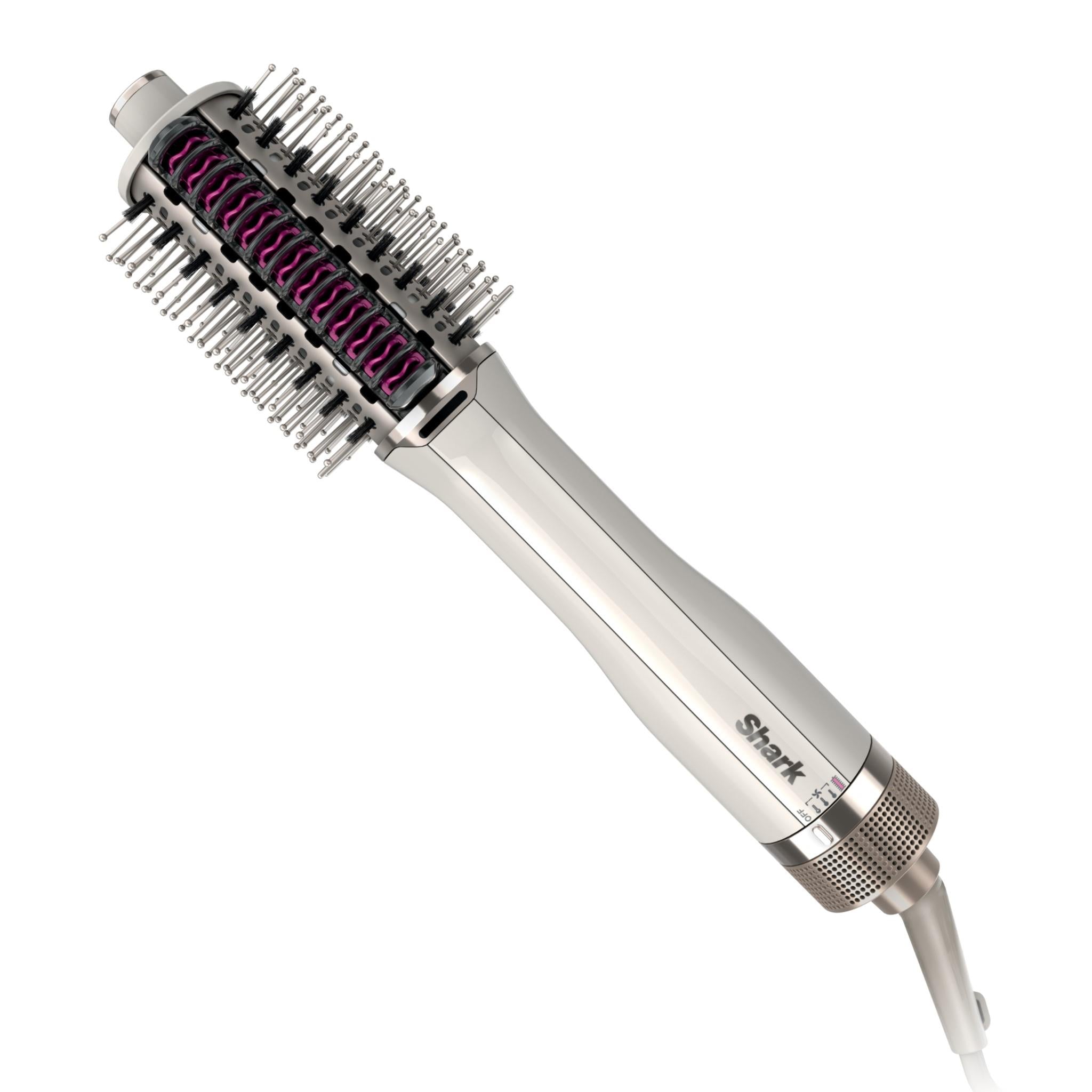 Silver heated hair comb straightener with pink heated rows and vented grip